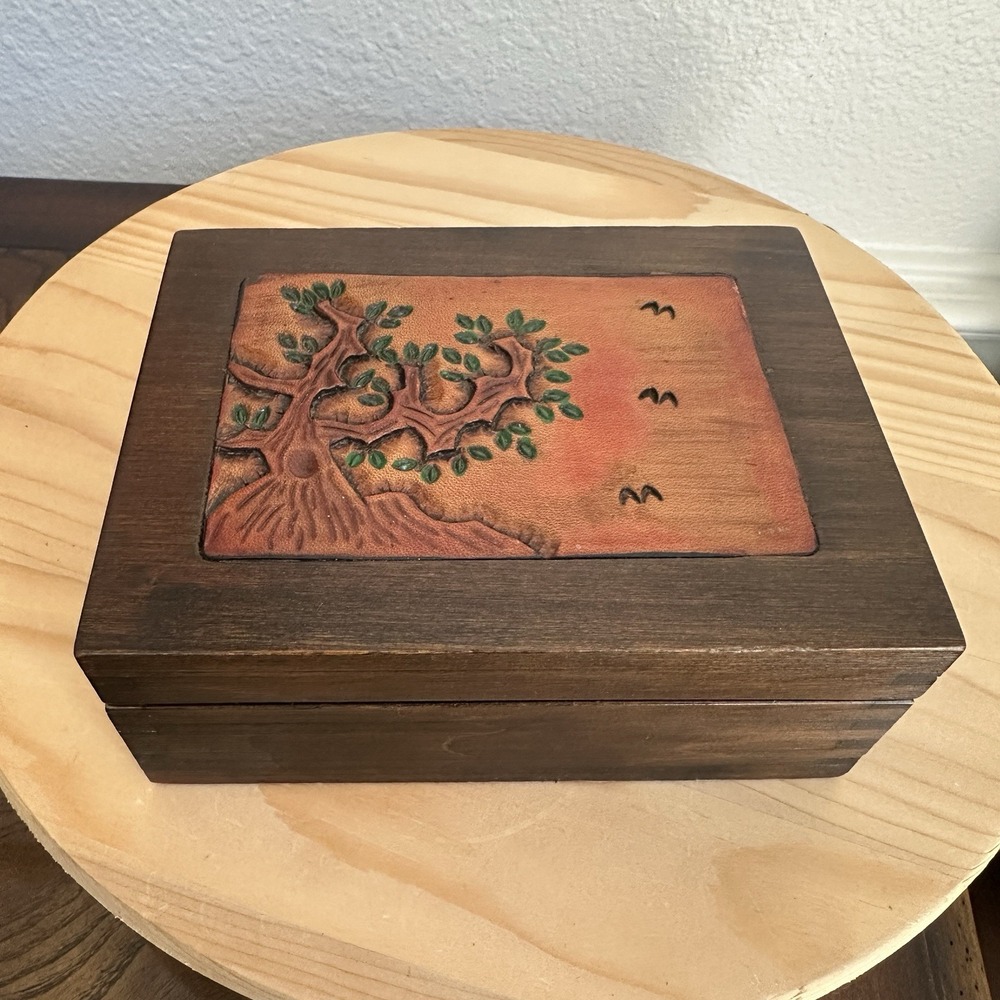 Vintage Artisan Wooden Trinket Box 5.5x4 Inch Inlaid Tooled Leather Tree Birds